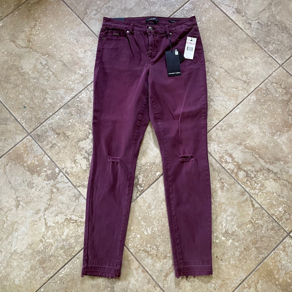 Nine West Gramercy Skinny Jeans True Fig Purple Distressed Raw Hem Size 6 NEW
